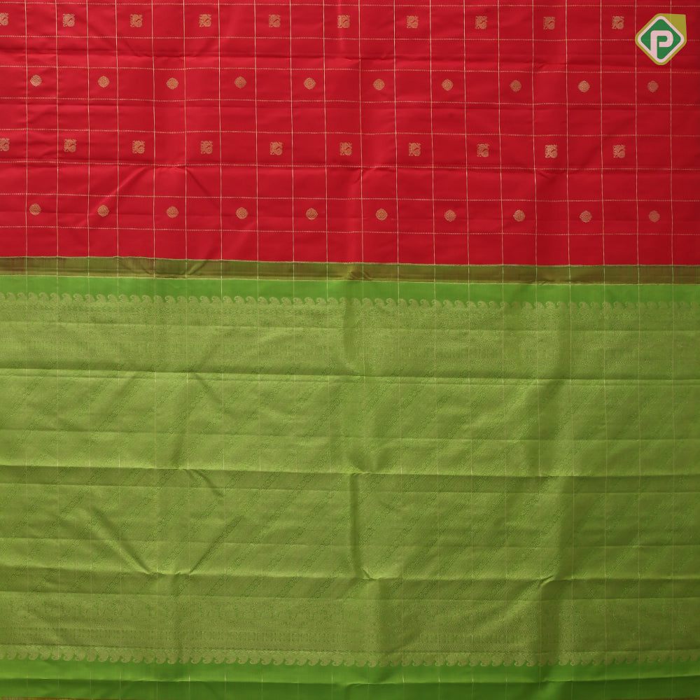 Chilly Red Gold Zari Checked Peacock Chagaram Design Border Less Trending Silk Saree