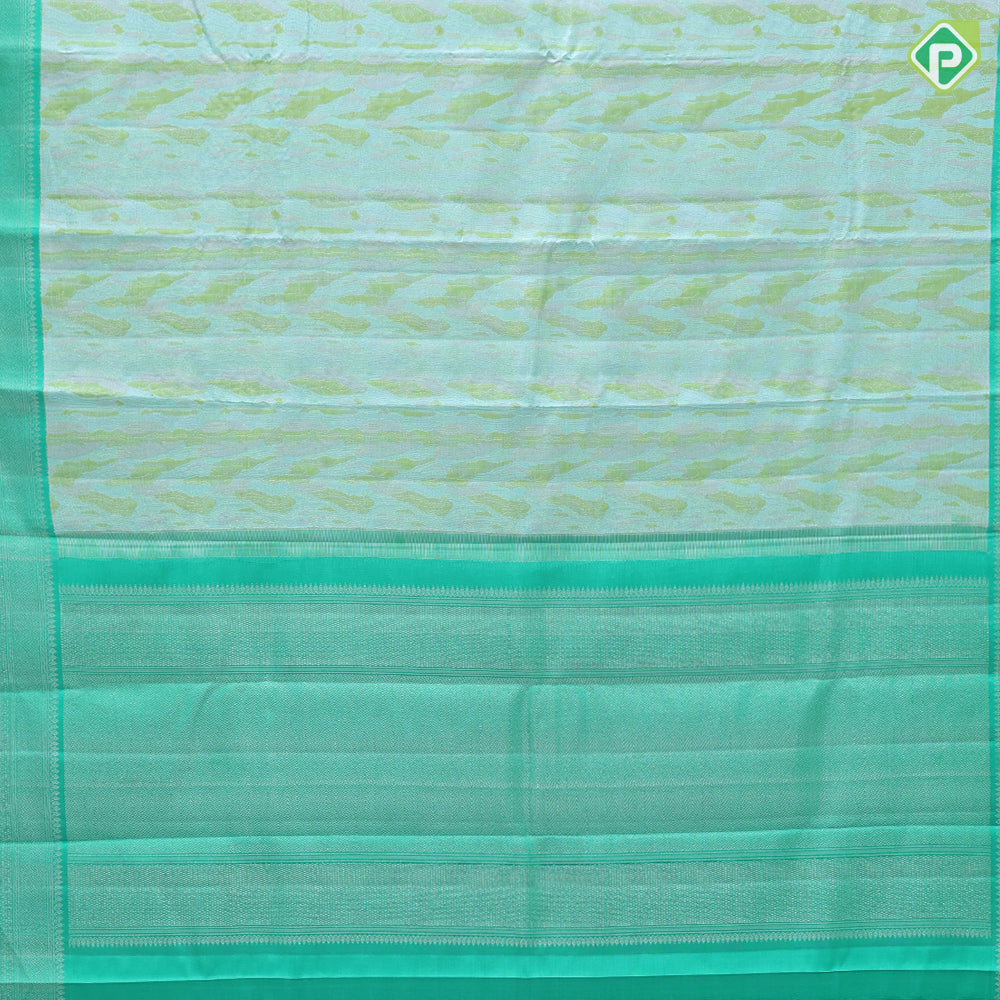 tri color green silver zari chevron grains design peacock green silver zari zig zag border trendy designer silk saree