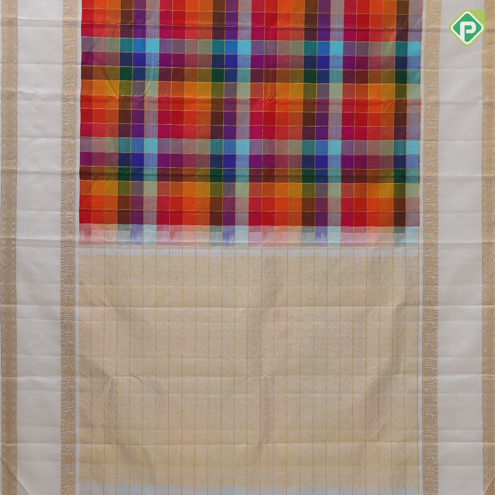 colorful multi color gold zari paalum pazhamum kattam design pure white gold zari retta pett border tradtional silk saree
