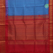 blue base Multi color checked grand pallu red gold zari koorvai temple border silk cotton saree