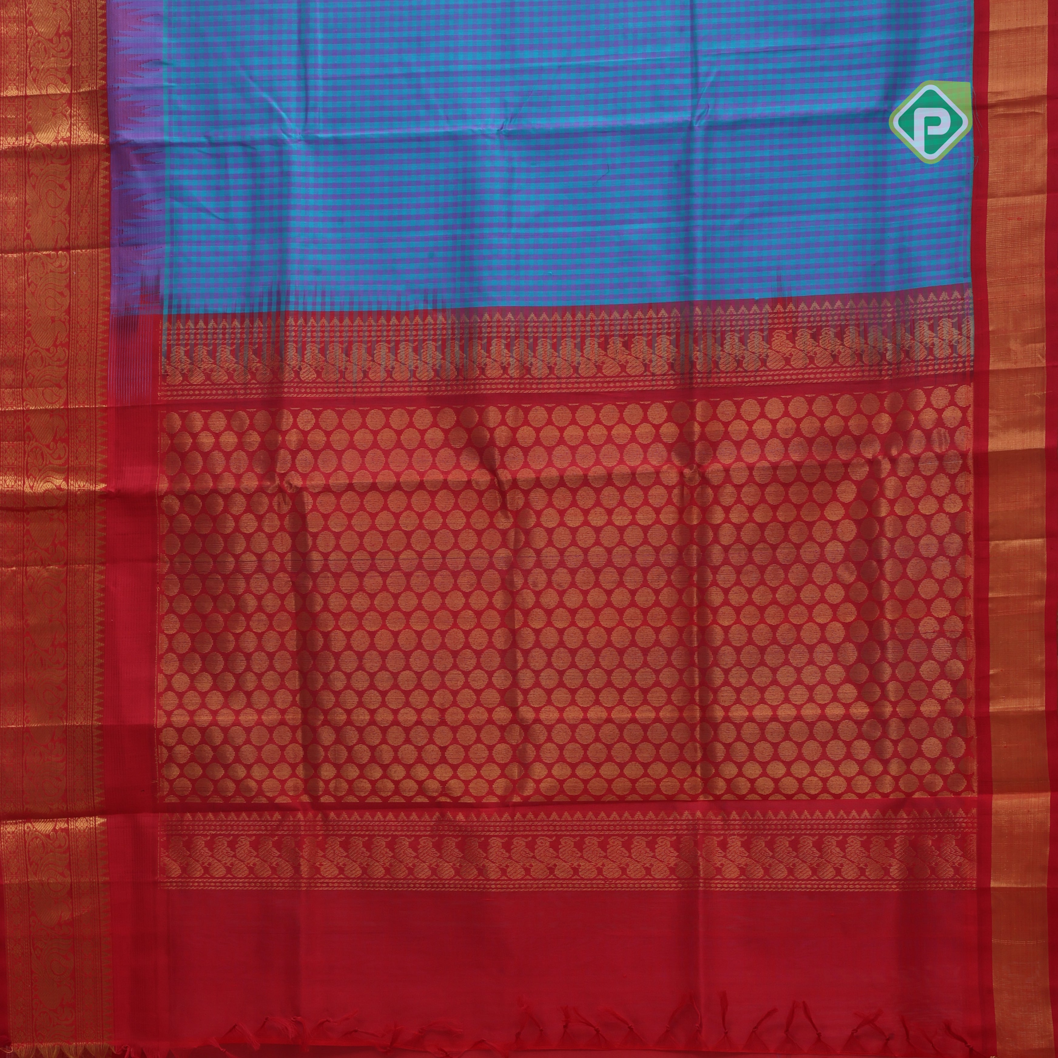 blue base Multi color checked grand pallu red gold zari koorvai temple border silk cotton saree