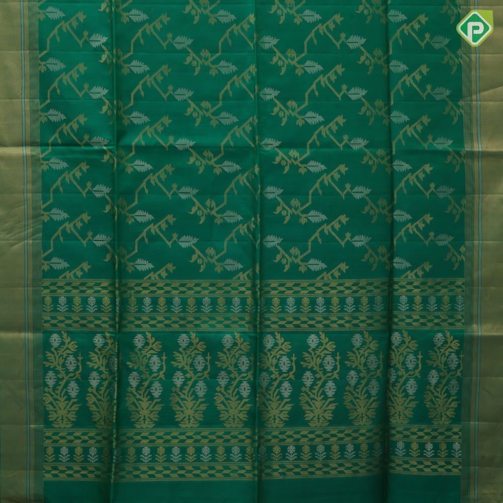 Forest green silver gold zari geometrical design self gold zari silver zari lines border soft silk saree