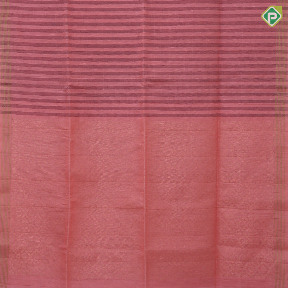 Peach pink base elephant grey stripes design self gold zari border grand classic floral pallu linen soft silk saree