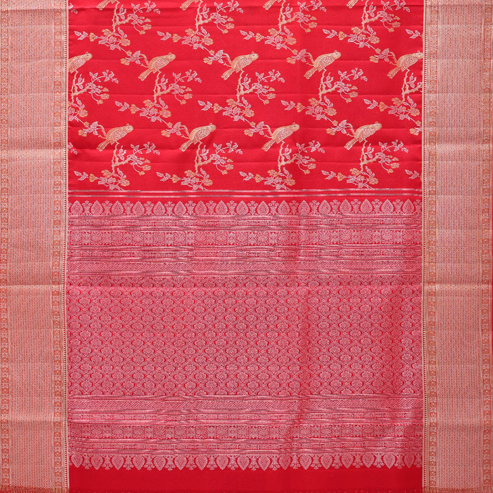 Chilly red silver gold zari sparrow on branch design self silver gold zari diamond border grand bridal tissue silk saree