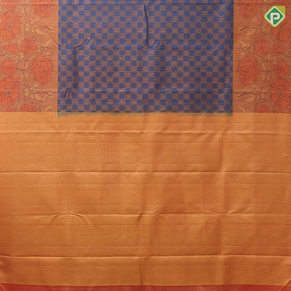 Cool grey honey orange gold zari checks design contrast flowers and leaves border contemporary silk saree