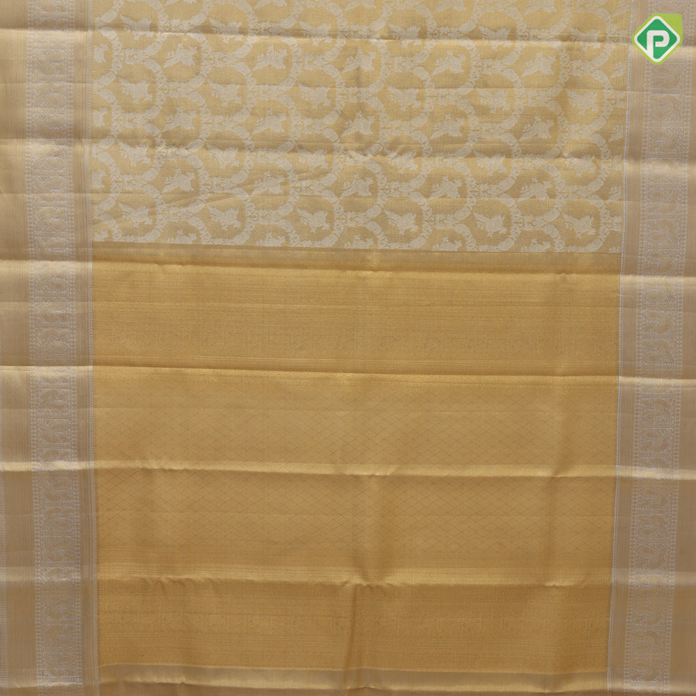 Gold base flying peacock grand wavy design creamy lavender Peacock Border bridal tissue Silk Saree