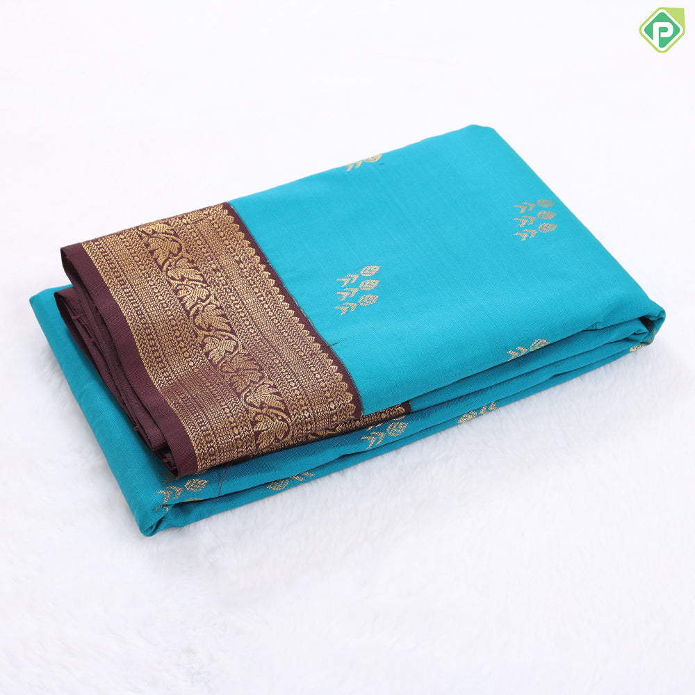 Spring green gold zari butta design contrast brown rangoli border gift saree