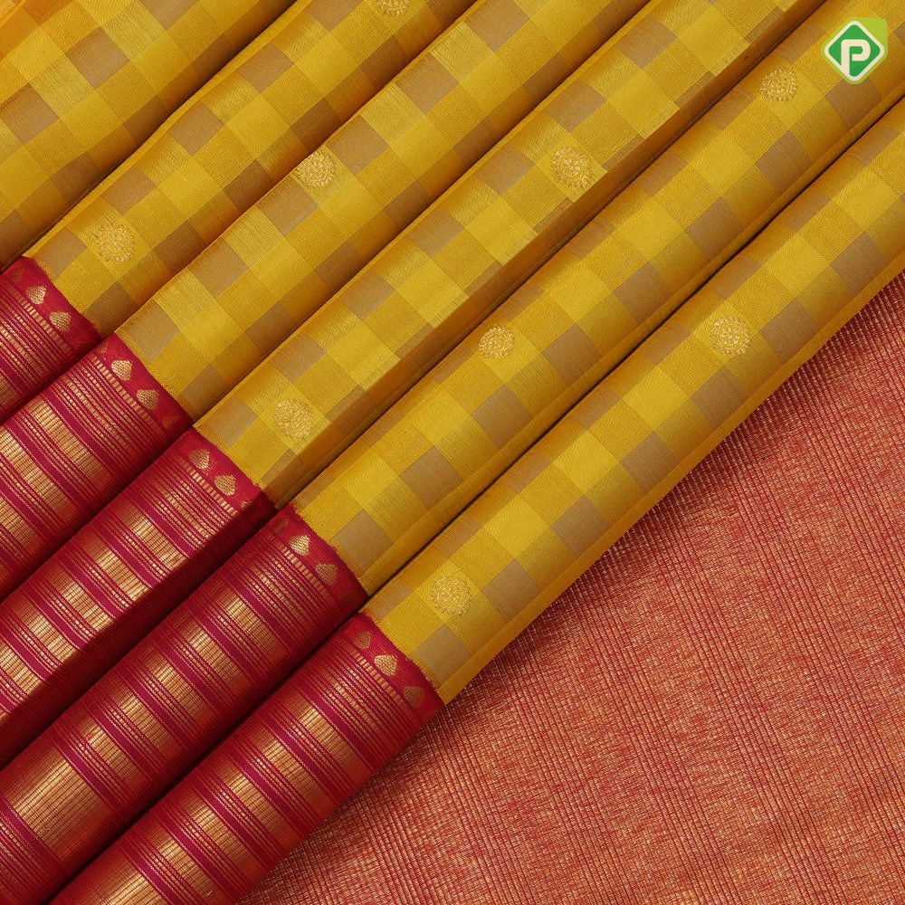 Dual yellow checks and chakkaram butta design rani red gold zari multi lines border kora traditional silk saree