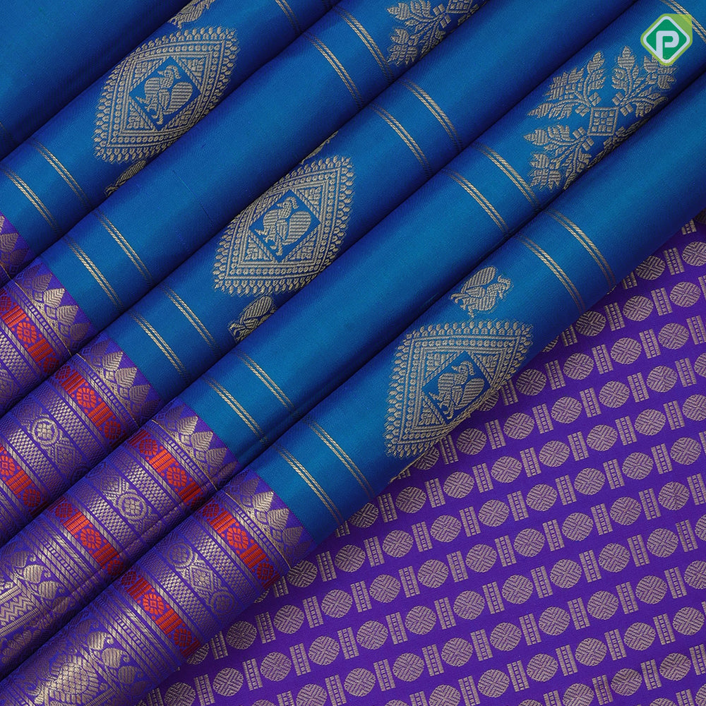 Peacock blue gold zari Double line checks peacock butta purple blue meena work border traditional silk saree