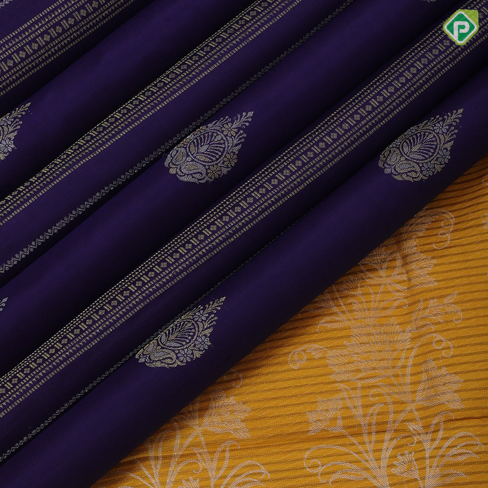 Navy Blue Silver Gold Zari Butta And Velthari Lines Design Border Less Trendy Fancy Silk Saree