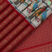 Sandal base multi color ikkat design red gold zari multi butta design koorvai border fusion silk saree