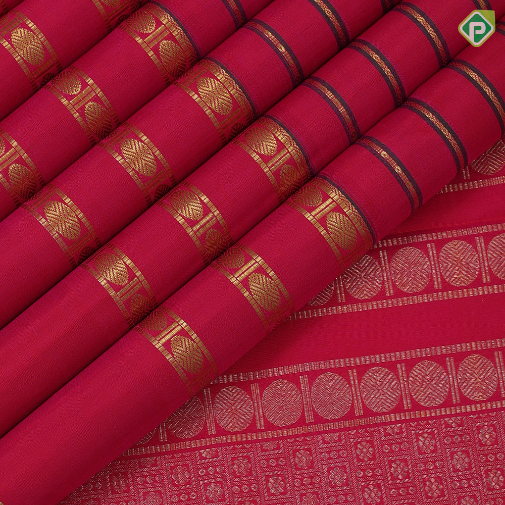 Rani pink gold zari thread work padded velthari lines self gold zari rudraksham butta lines border Vintage silk saree