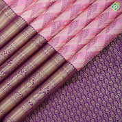 Baby pink silver gold zari purple silk thread cross checks Purple silver gold zari peacock butta border grand bridal silk saree