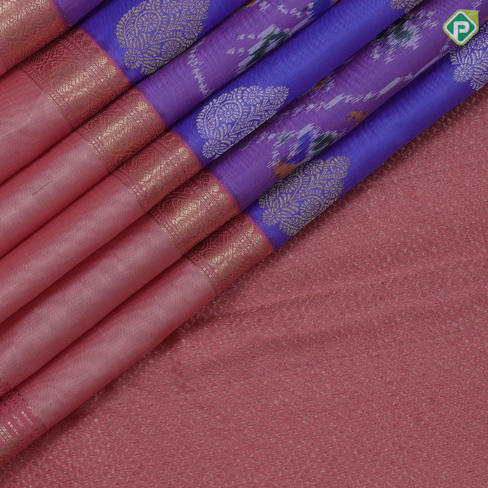 Light blue base ikkat design contrast pink gold zari rettapet korvai border ikkat kanjivaram fusion silk saree