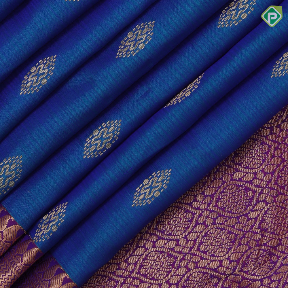 Peacock blue gold zari fancy butta design Purple gold zari micro mango butta border gift silk saree