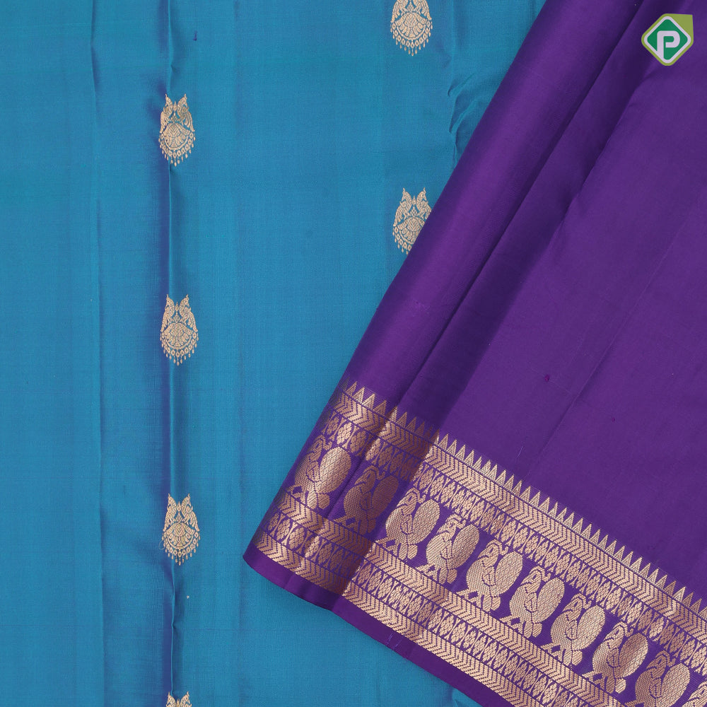 Peacock Blue Gold Zari Double Peacock Butta Design Purple Colour Peacock Design Pure Mix Silk Saree