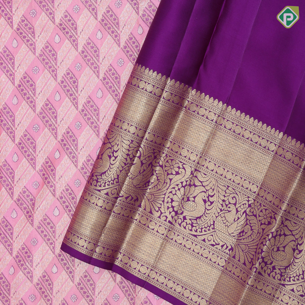 Baby pink silver gold zari purple silk thread cross checks Purple silver gold zari peacock butta border grand bridal silk saree