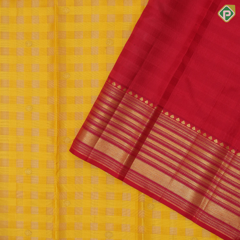 Dual yellow checks and chakkaram butta design rani red gold zari multi lines border kora traditional silk saree