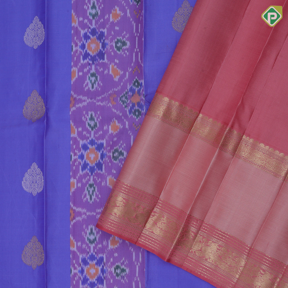 Light blue base ikkat design contrast pink gold zari rettapet korvai border ikkat kanjivaram fusion silk saree