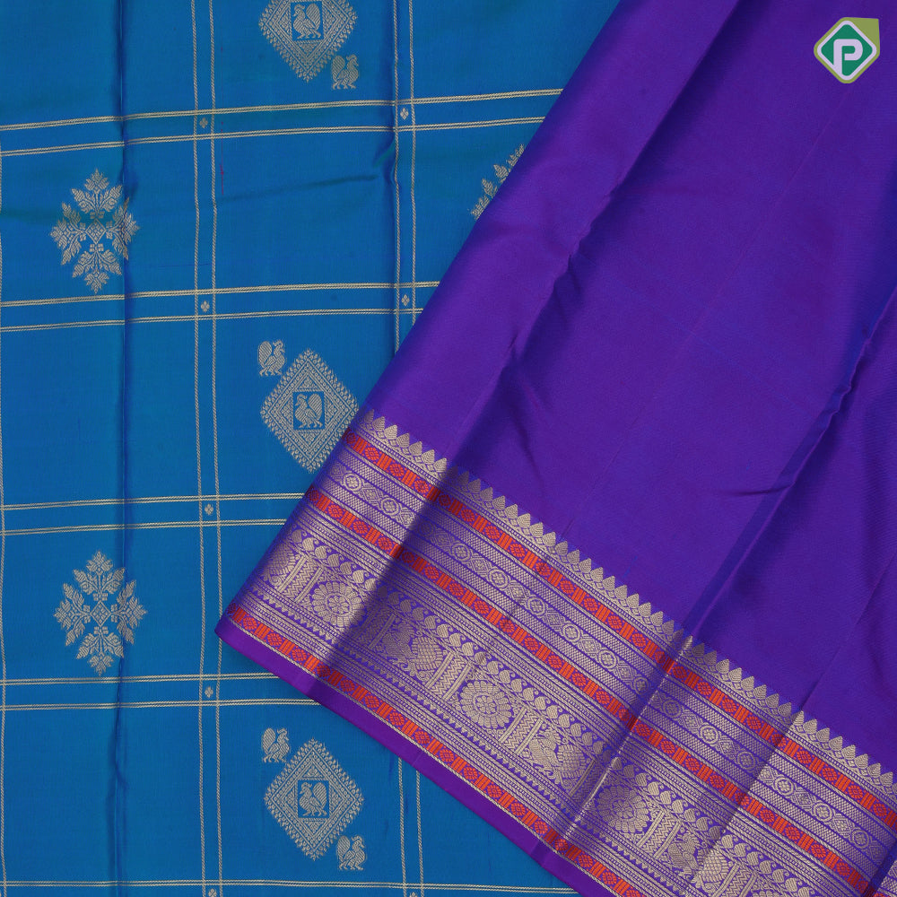 Peacock blue gold zari Double line checks peacock butta purple blue meena work border traditional silk saree
