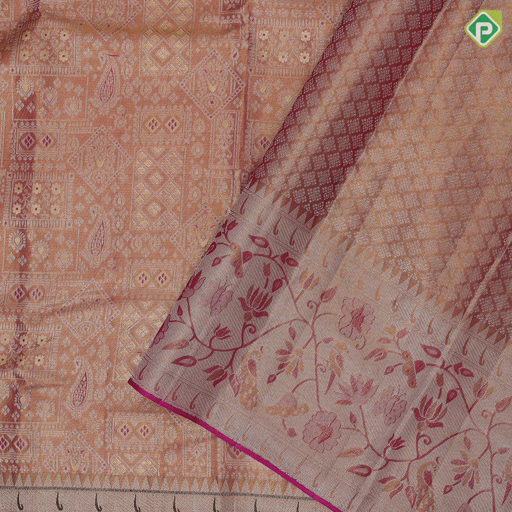 onion pink silver gold zari meena work design self silver gold zari meena work border grand bridal tissue silk saree