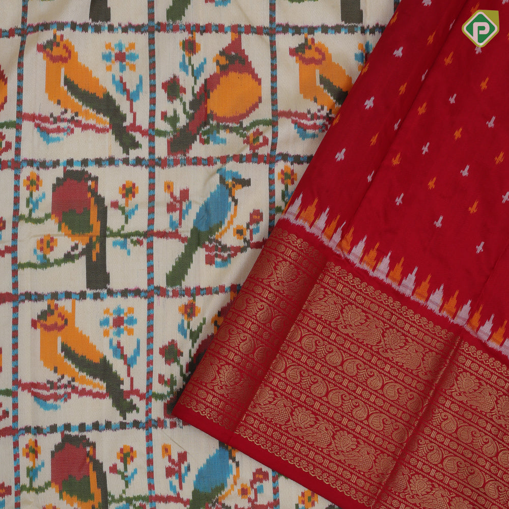 Sandal base multi color ikkat design red gold zari multi butta design koorvai border fusion silk saree