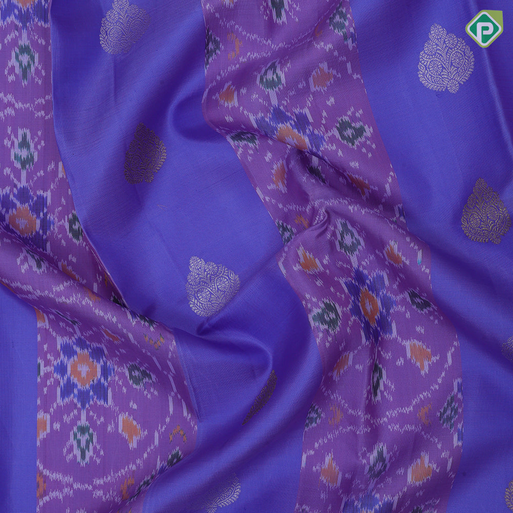 Light blue base ikkat design contrast pink gold zari rettapet korvai border ikkat kanjivaram fusion silk saree