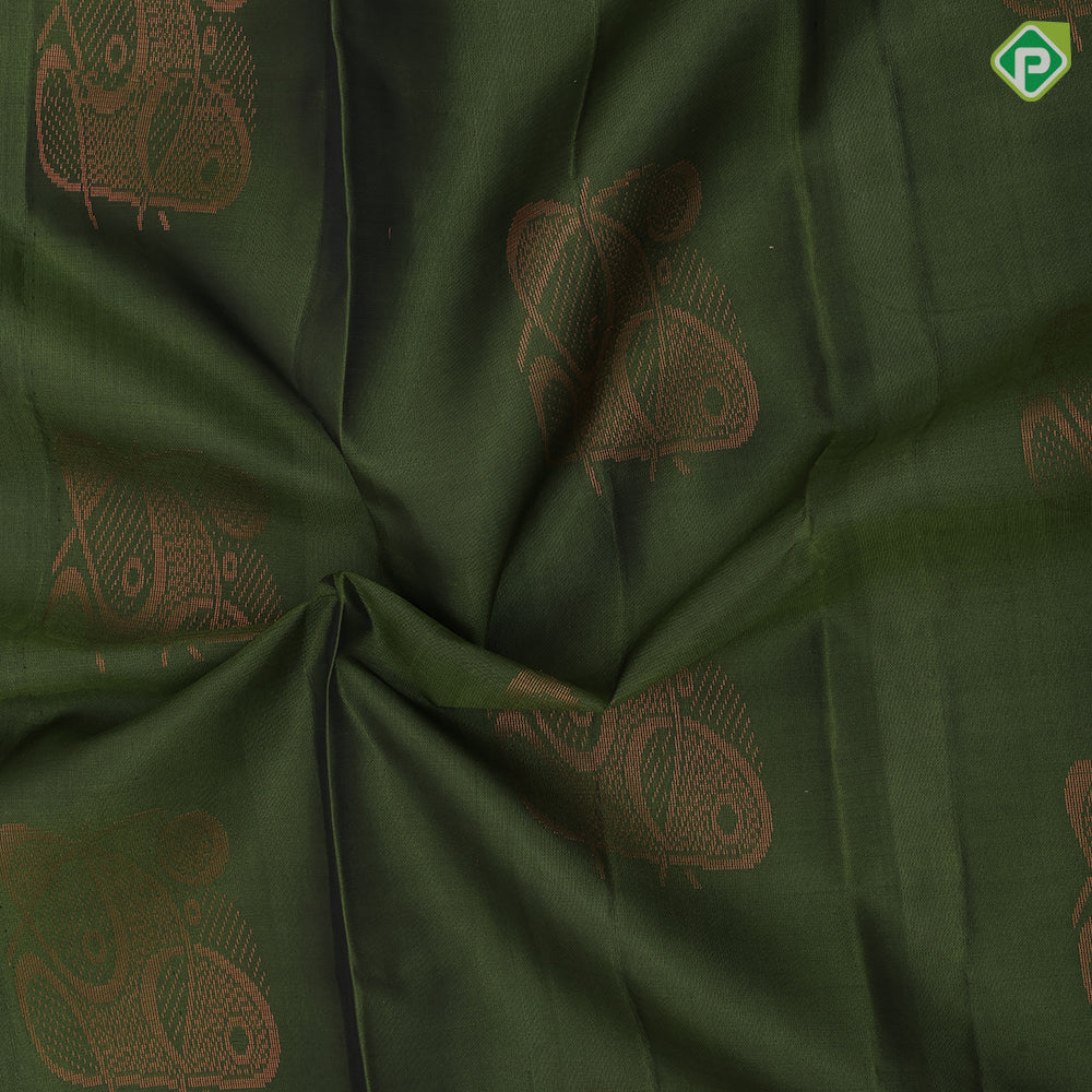 Peacock green copper zari fancy butta Dark onion pink copper zari fancy border pure mix silk saree