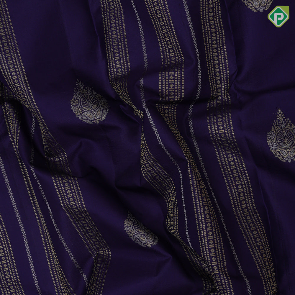 Navy Blue Silver Gold Zari Butta And Velthari Lines Design Border Less Trendy Fancy Silk Saree