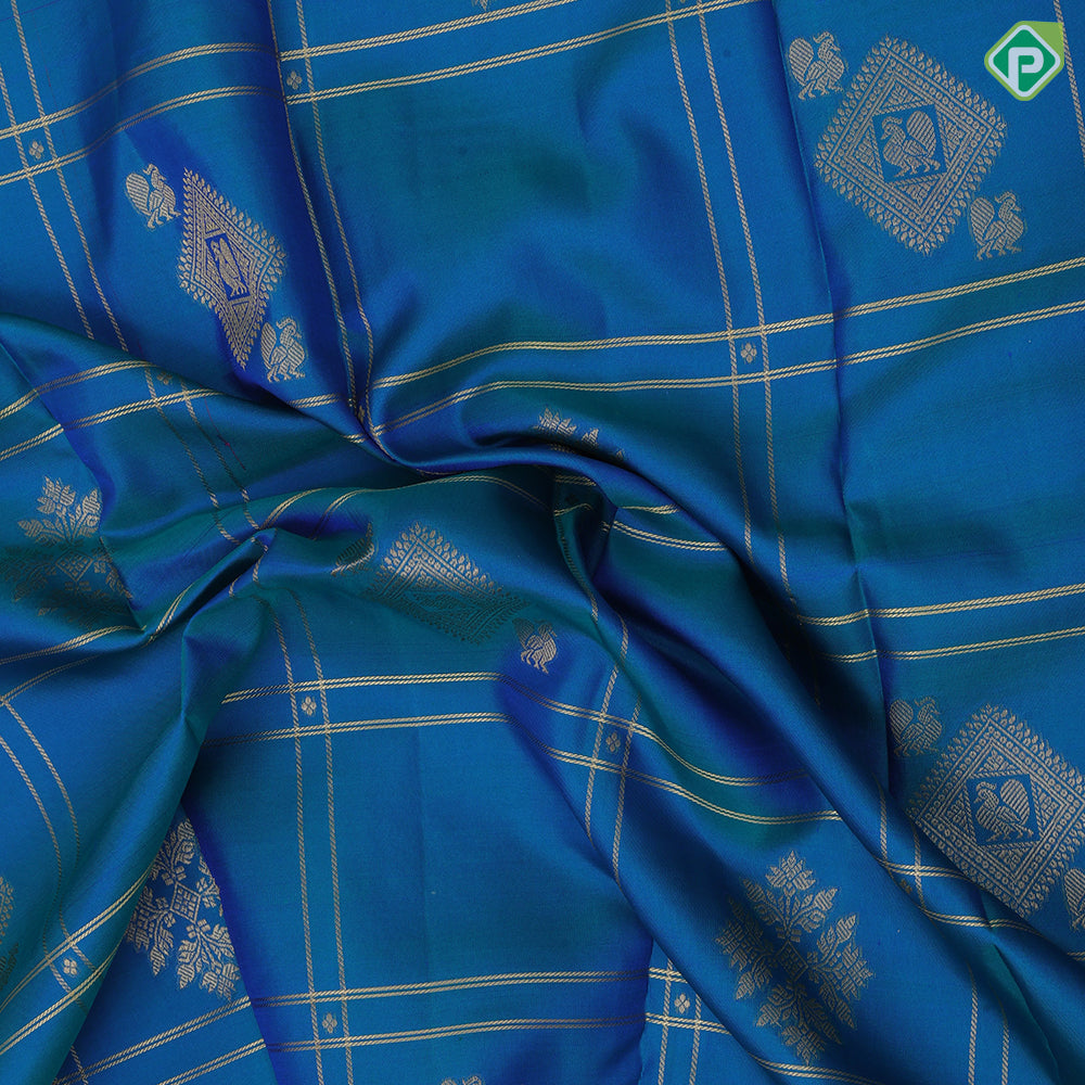 Peacock blue gold zari Double line checks peacock butta purple blue meena work border traditional silk saree