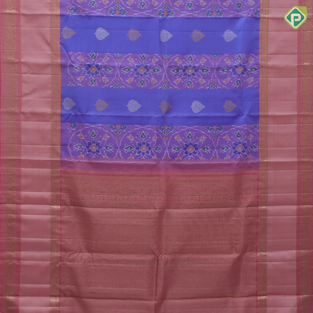 Light blue base ikkat design contrast pink gold zari rettapet korvai border ikkat kanjivaram fusion silk saree