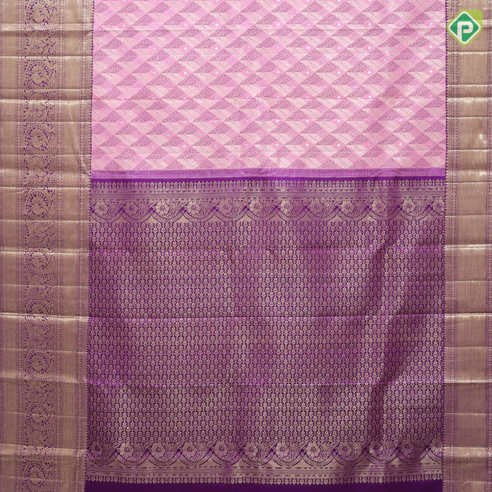 Baby pink silver gold zari purple silk thread cross checks Purple silver gold zari peacock butta border grand bridal silk saree