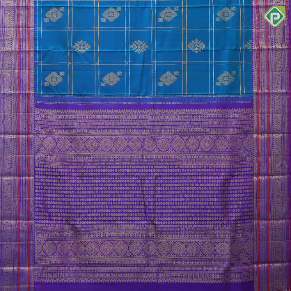 Peacock blue gold zari Double line checks peacock butta purple blue meena work border traditional silk saree