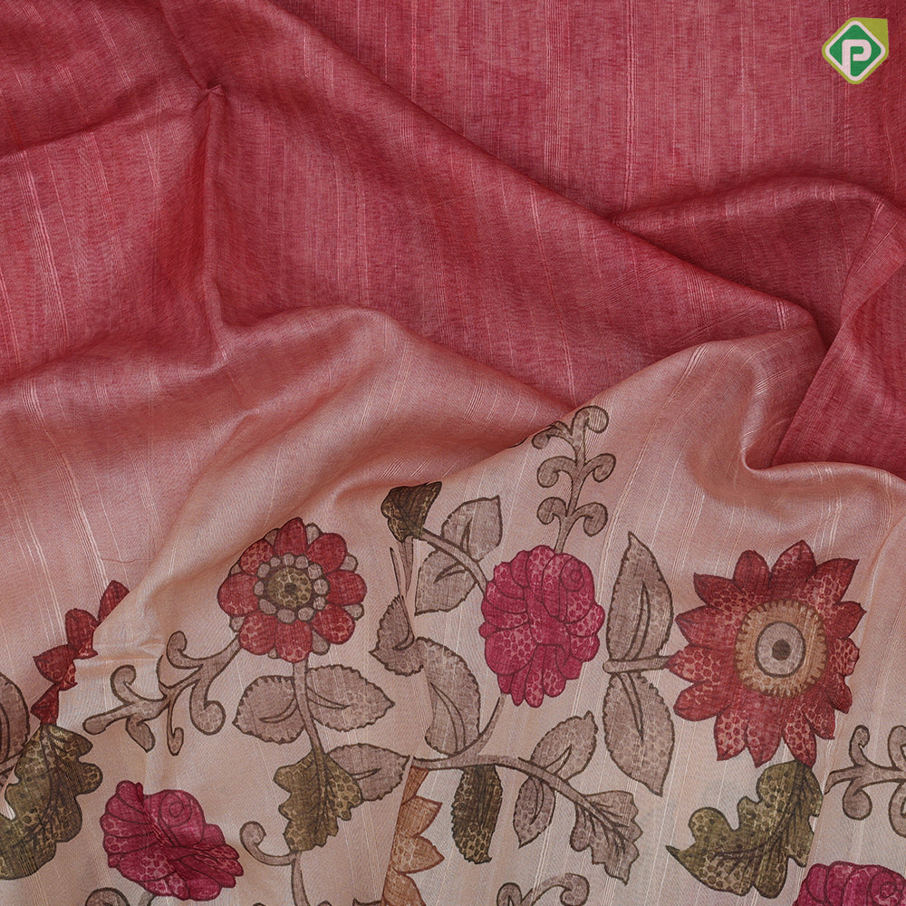 Peach Red Based Flower Floral Design Contrast Border Fancy Cotton Saree