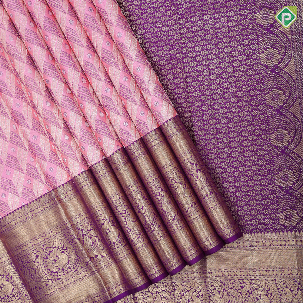 Baby pink silver gold zari purple silk thread cross checks Purple silver gold zari peacock butta border grand bridal silk saree
