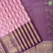Baby pink silver gold zari purple silk thread cross checks Purple silver gold zari peacock butta border grand bridal silk saree