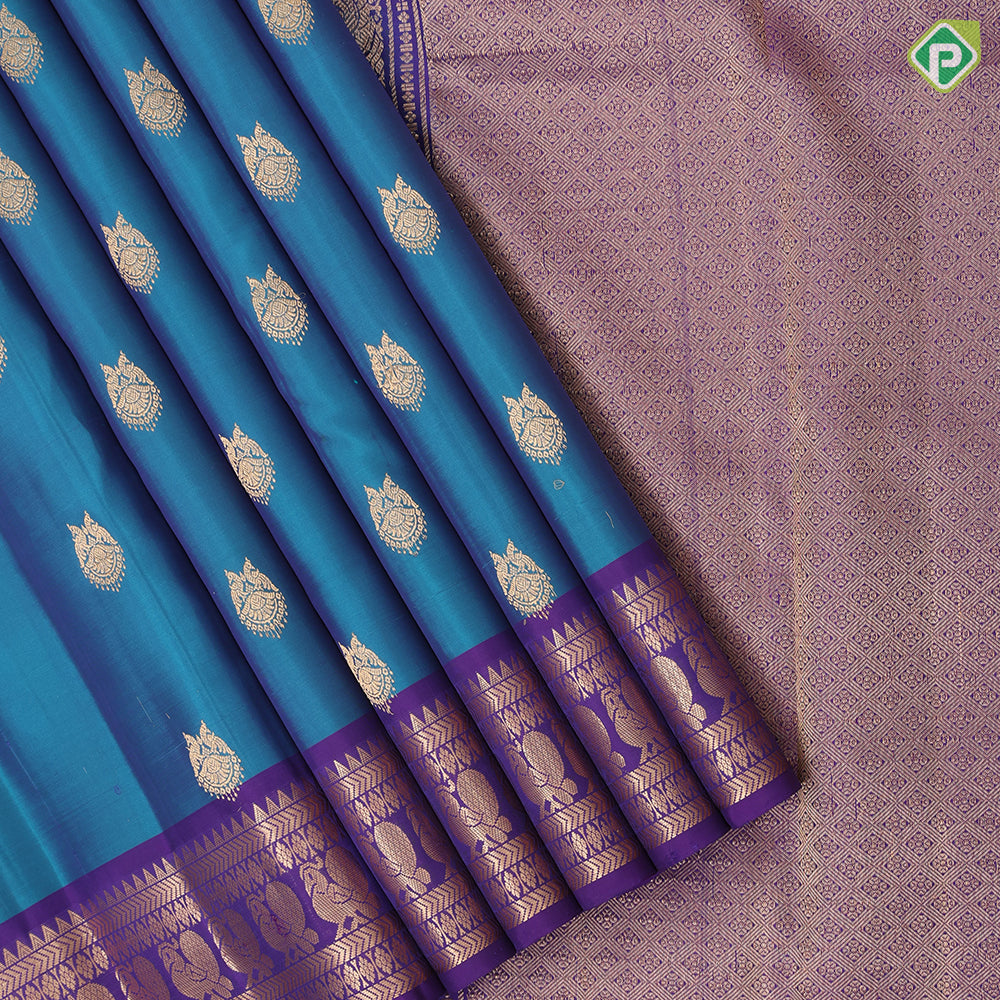 Peacock Blue Gold Zari Double Peacock Butta Design Purple Colour Peacock Design Pure Mix Silk Saree