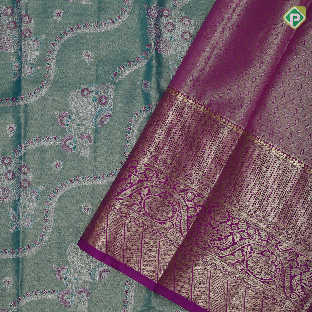 Rama green silk thread floral design rani pink gold zari grand border art tissue silk saree