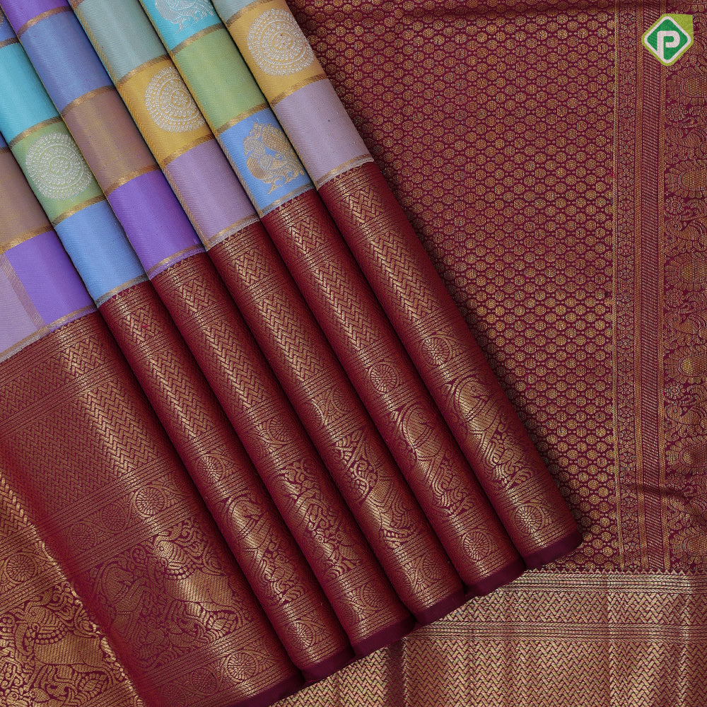 Multi color gold zari butta and zari kattam paalum pazhamum checks design maroon red high border traditional silk saree