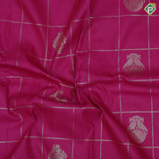 Rani pink gold zari double peacock deer round butta self gold zari flower and diamond border art silk saree