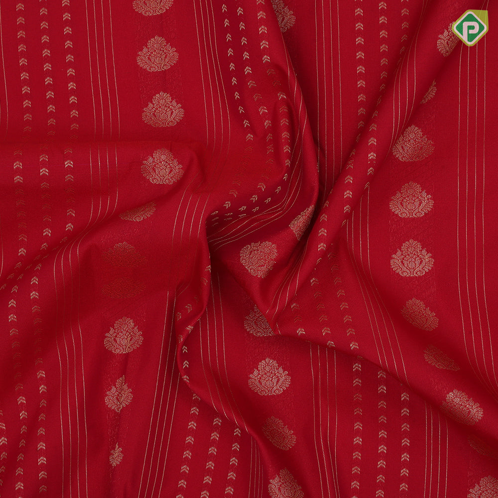 Rani red gold zari Stripes Thilagam stripes design sandal gold zari rangoli design border art silk saree