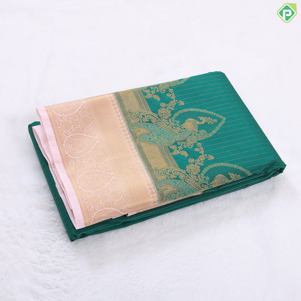 Tomato red gold zari stripes peacock design contrast cream gold zari thilagam border art silk gift saree