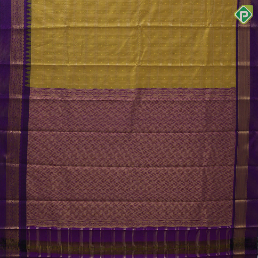 Manthulir green gold zari multi lines checks purple gold zari diamond butta temple border art silk saree