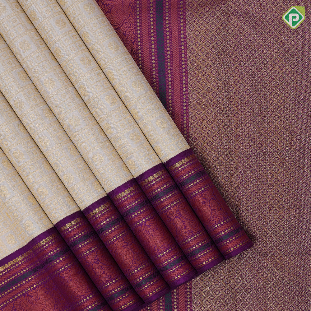 Cream white gold zari butta checks design purple with gold zari and thread work lines border vintage silk saree