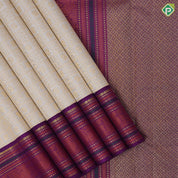 Cream white gold zari butta checks design purple with gold zari and thread work lines border vintage silk saree