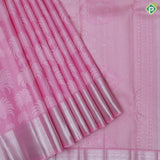 Pastel pink silver zari fancy tree design self silver zari bavanji border bridal silk saree