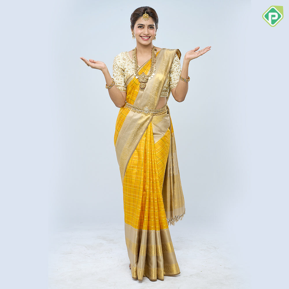 Mustard Yellow Gold Zari Check Design Cream Colour Peacock Border Design Traditional Silk Saree