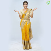 Mustard Yellow Gold Zari Check Design Cream Colour Peacock Border Design Traditional Silk Saree