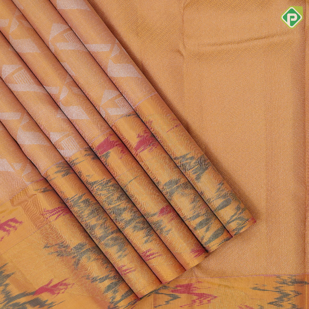 Mustard silver gold zari self geomatical design self gold zari leaf ikkat design border fusion silk saree
