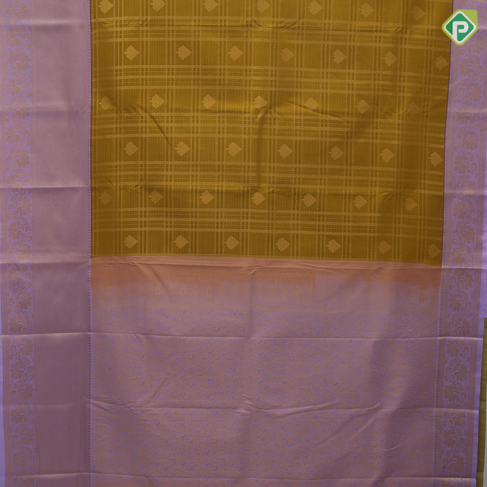 Lemon green gold zari checked honey comp design Lavender gold zari diamond design border art silk saree